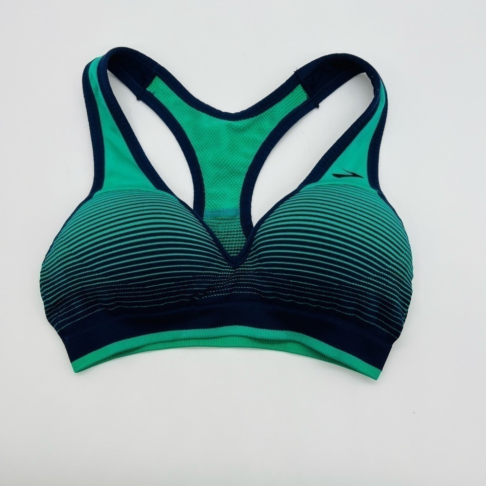 BROOKS ATHLETIC RUNNING BRA EST SIZE XS BLUE AND GREEN COLORS